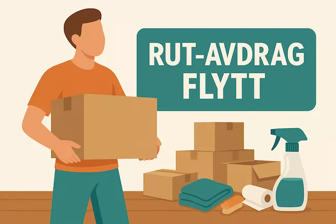 person bär flyttlåda med rut-avdrag skylt i bakgrunden